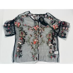 NWT Dalia Black Mesh Boho Floral Embroidered Flutter Sleeve Blouse - Size L